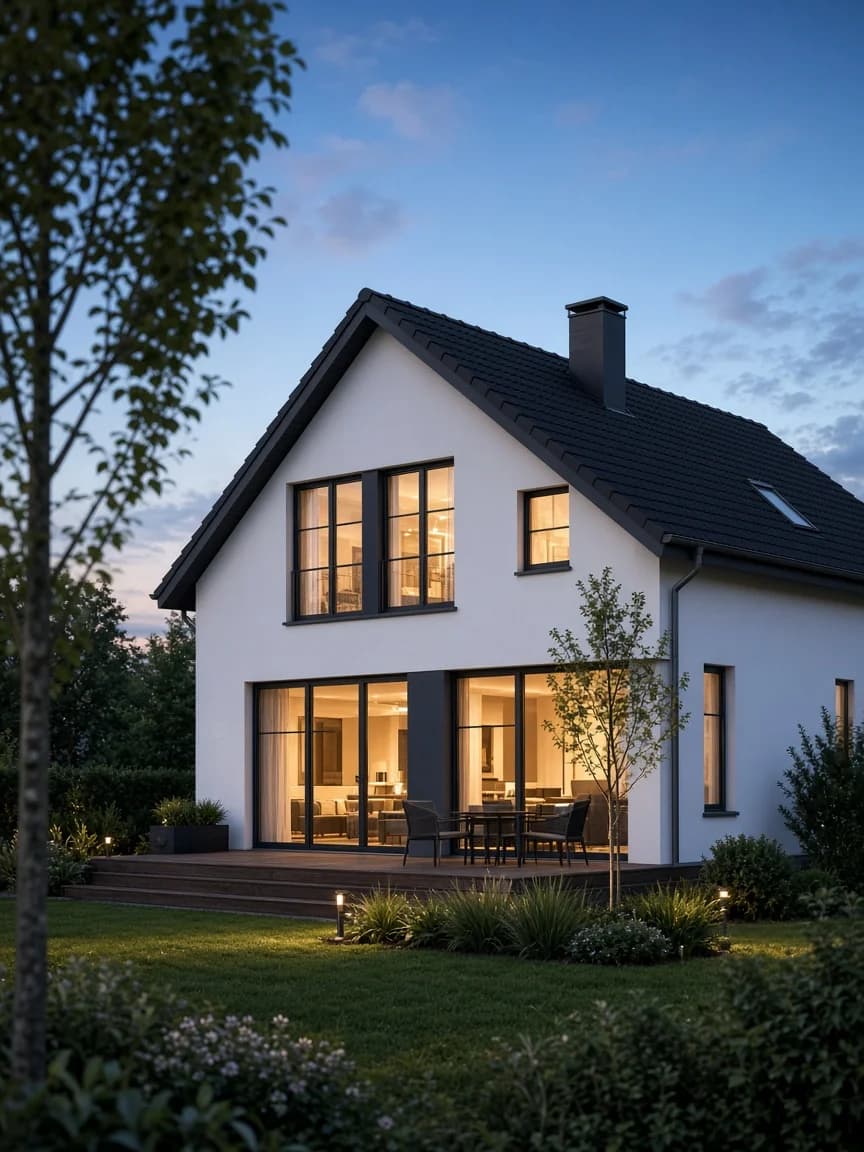 Einfamilienhaus mit beleuchteter Terrasse am Abend